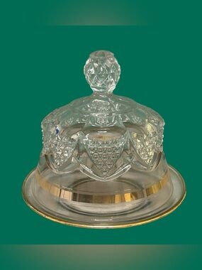 Vintage Pressed Glass Butter Dish Gold Trim Underplate Replacement